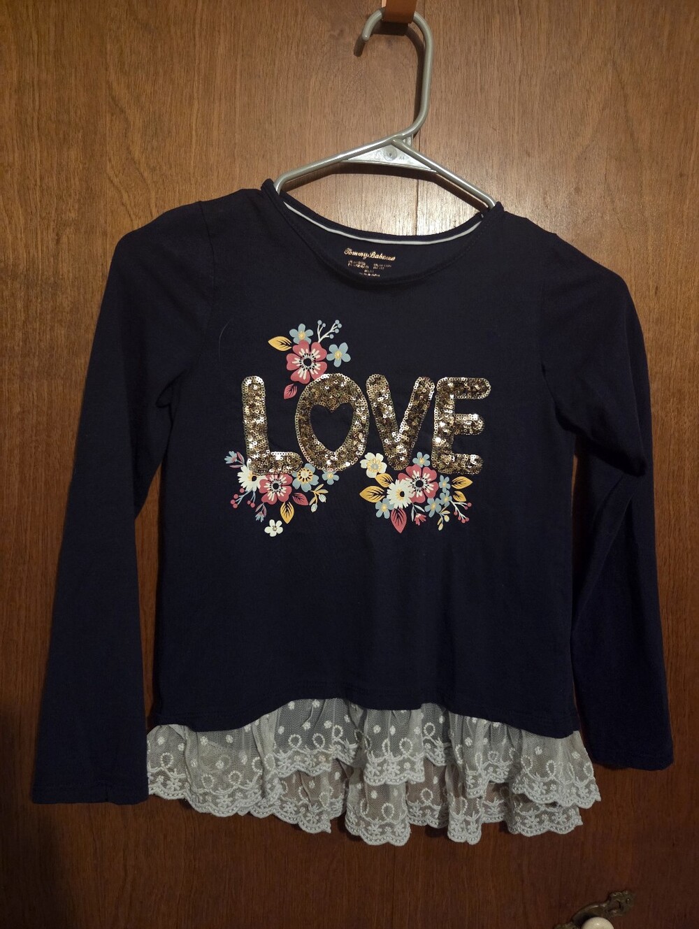 Tommy Bahama Navy Long-Sleeve 'LOVE' Sequin Floral Top with Lace Hem